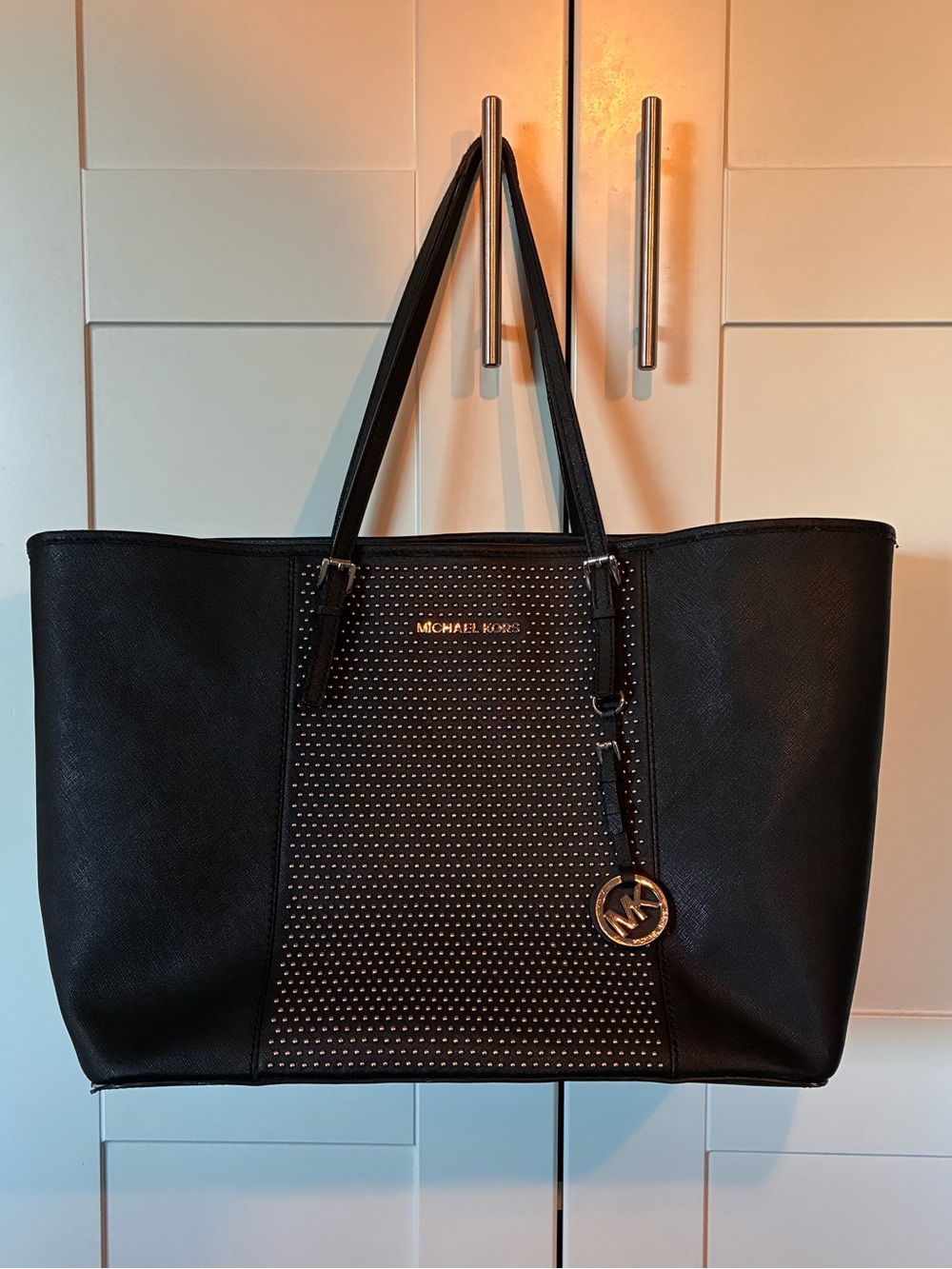 Michael Kors Black Studded Center Panel Tote with Charm